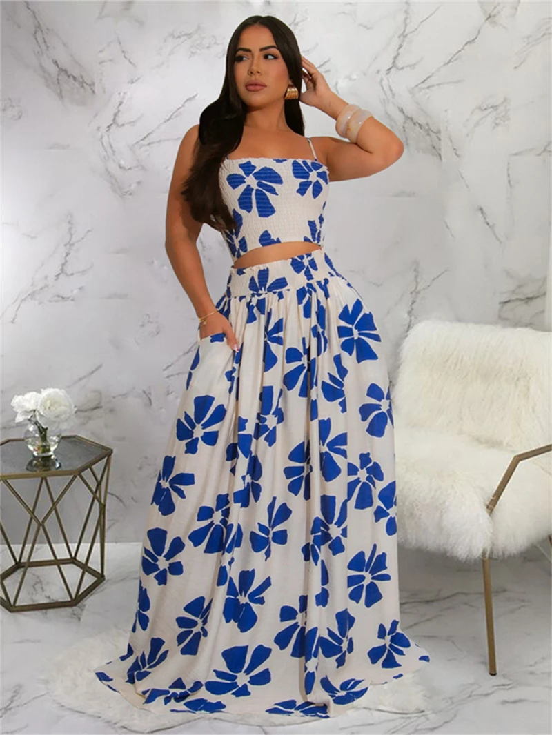 

Fashion Floral Printed 2 Piece Sets Women Outfit Summer Clothing Women Sleeveless Vest Top Maxi Long Skirt Sets Beach Dress Sets
