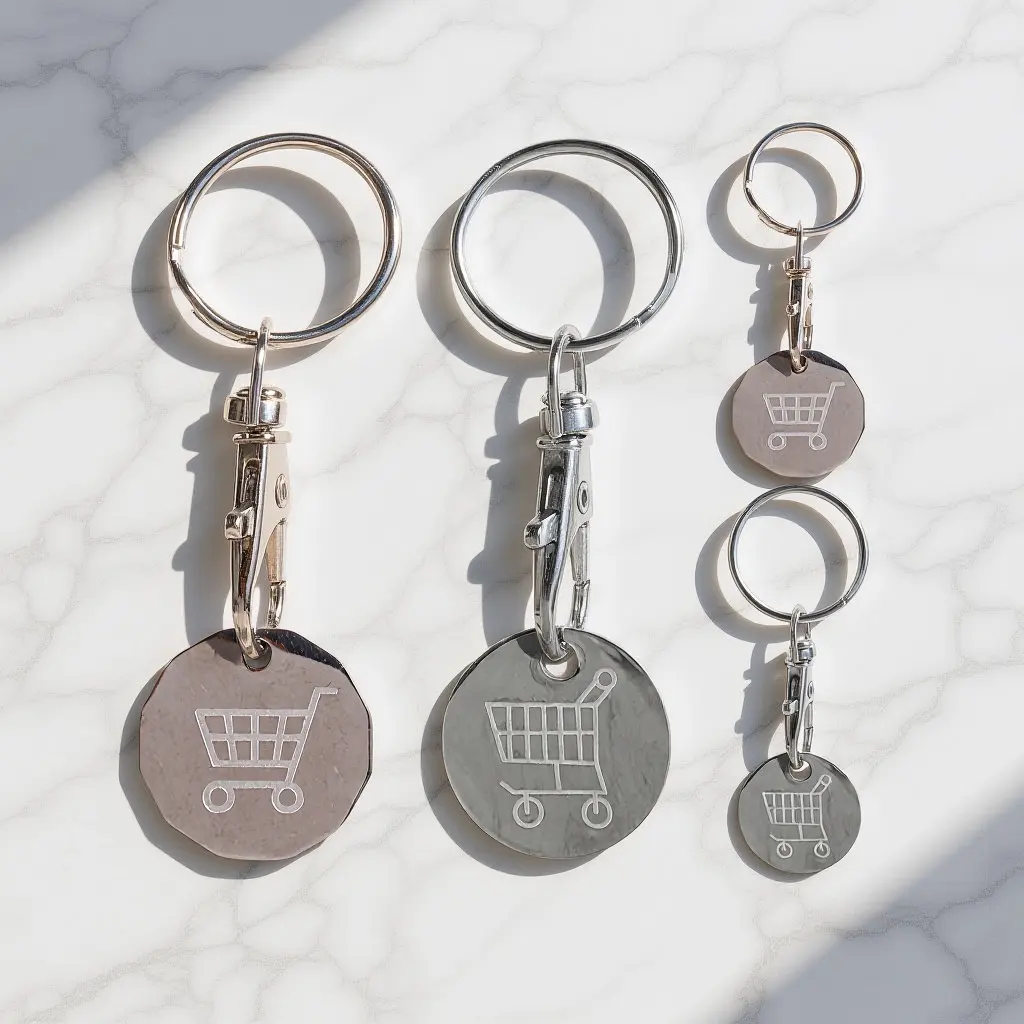 4 unidades de llavero de aleación de zinc con borde liso para ficha de carrito de compras, accesorio para llaves, regalo funcional