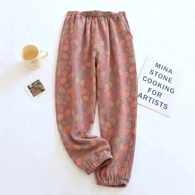 New Spring Summer Women\'s Pajamas 100% Cotton Crepe Pants Women\'s Comfortable Loose Large Leaf Home Pants Thin bottoms