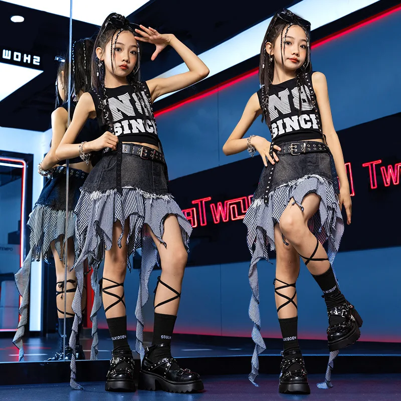 Chidren hip hop roupas hip hop menina conjunto de manga curta colheita camiseta meninas trajes de dança jazz menina modelo moda passarela