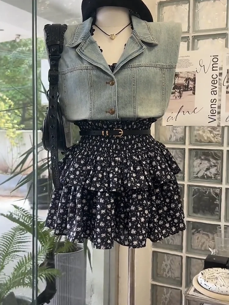 

Ретро джинсовый комплект: жилет без рукавов и юбка с цветочным принтом, женский летний модный повседневный шикарный комплект из двух предметов, униформа для студентов и работы