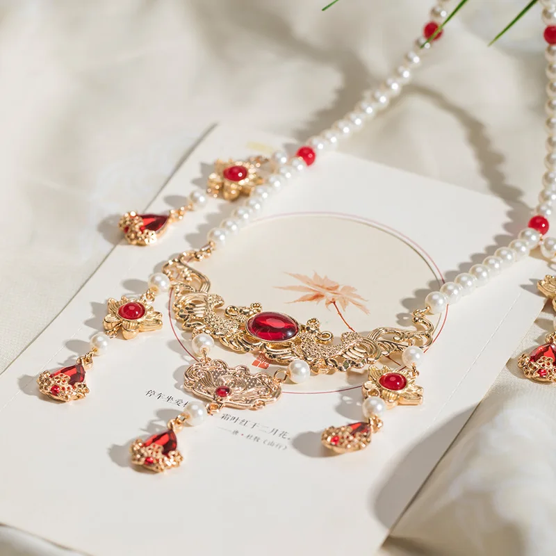 Vintage Chinese Hanfu Pearl Choker Necklace Red Teardrop Lotus Pendant Tang And Song Style Costume Accessory For Women Cosplay