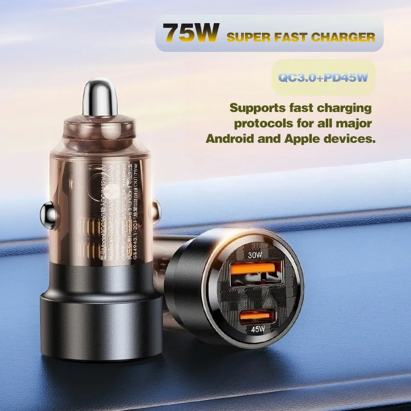 75W Transparent Car super fast Charger PD45W/QC3.0 Dual A+C Ports Super Fast Charging Car Cigarette Lighter Charger for phones