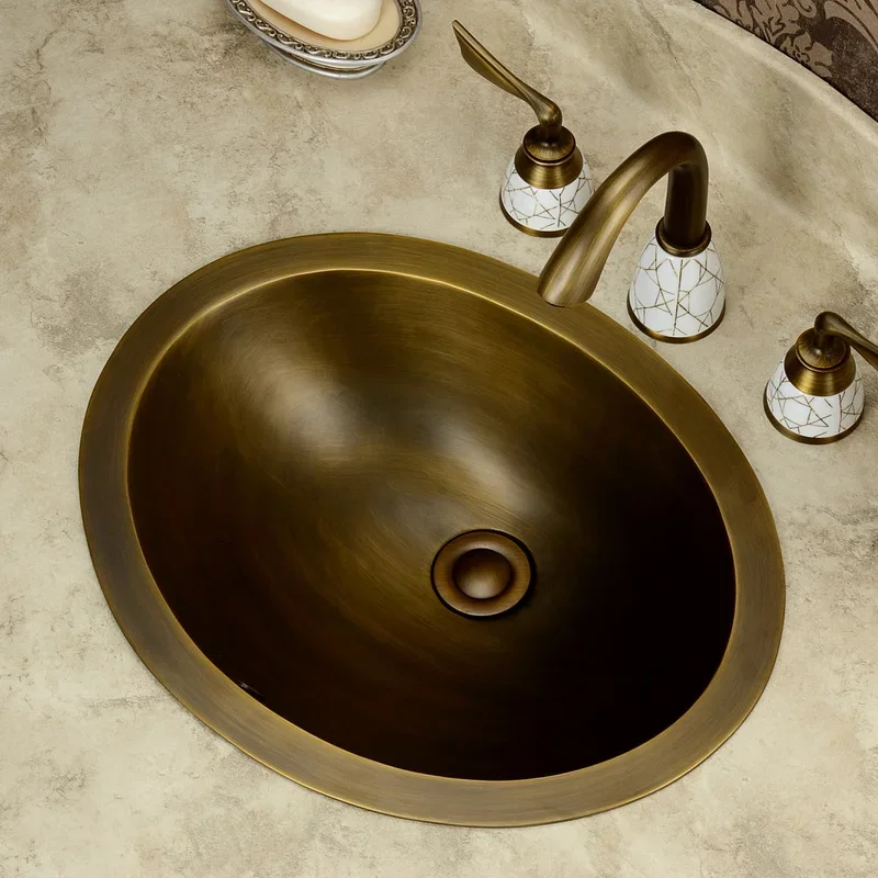 A1 European antique copper basin balcony wash basin bathroom under counter basin oval washbasin LO612439