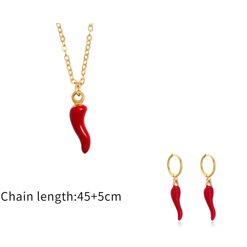 Filled Red Enamel Cute Chili Pendant Drop Earrings for Women Fashion Gold Color Chains Necklaces  Jewelry Set