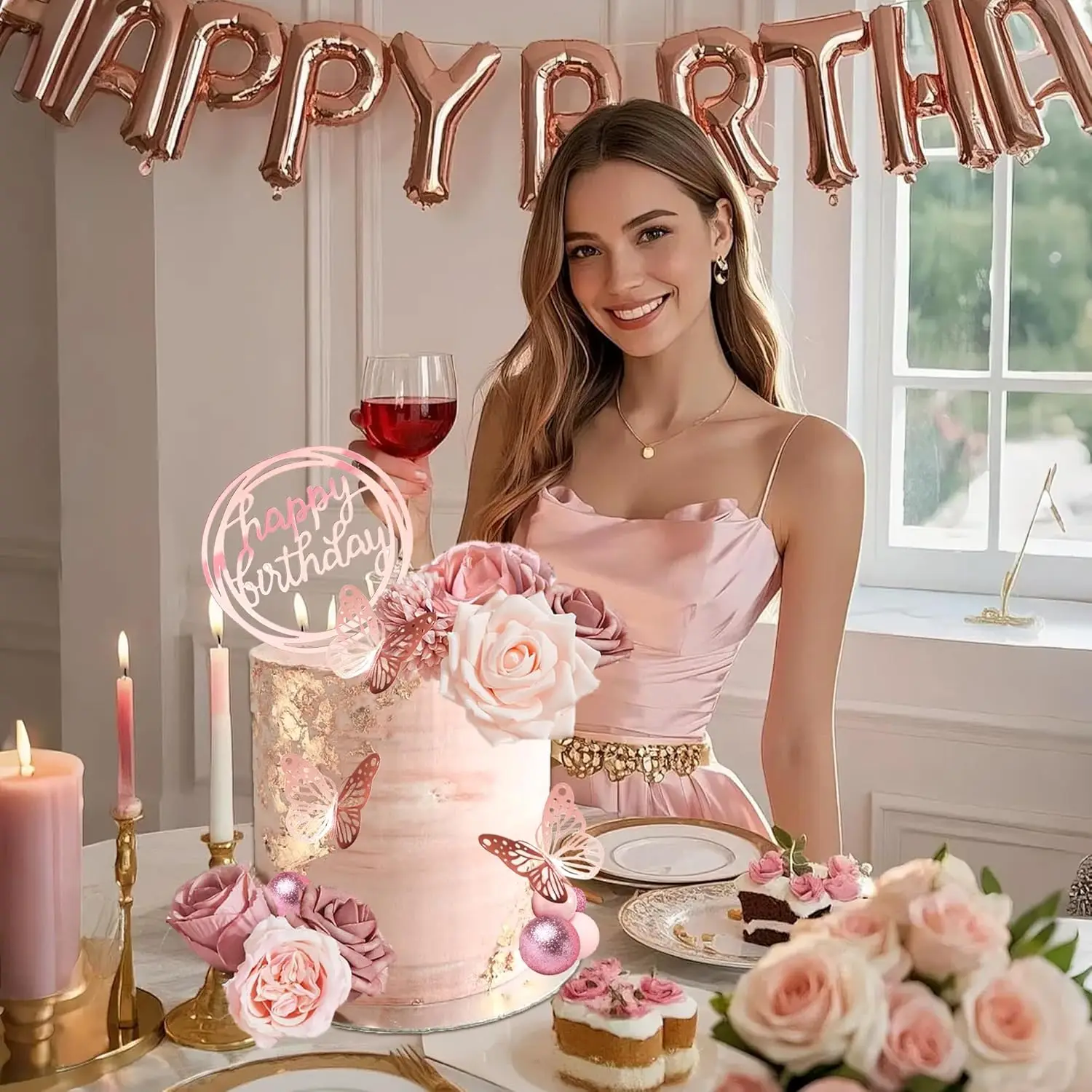 Blumen-Kuchenaufsätze, alles Gute zum Geburtstag, Kuchendekorationen mit Blumen, Schmetterlingskugeln für Hochzeit, Babyparty, Geburtstagsparty-Zubehör – Detail 3
