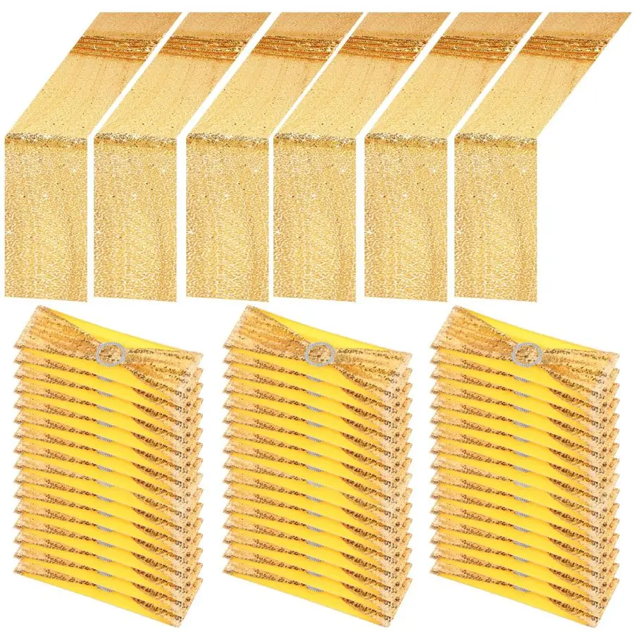 

54 Pcs Gold Sequin Chair Sashes and Table Runners, 48 Sequin Chair Bows, 6 Glitter Table Runners for Birthday Party Wedding Banq