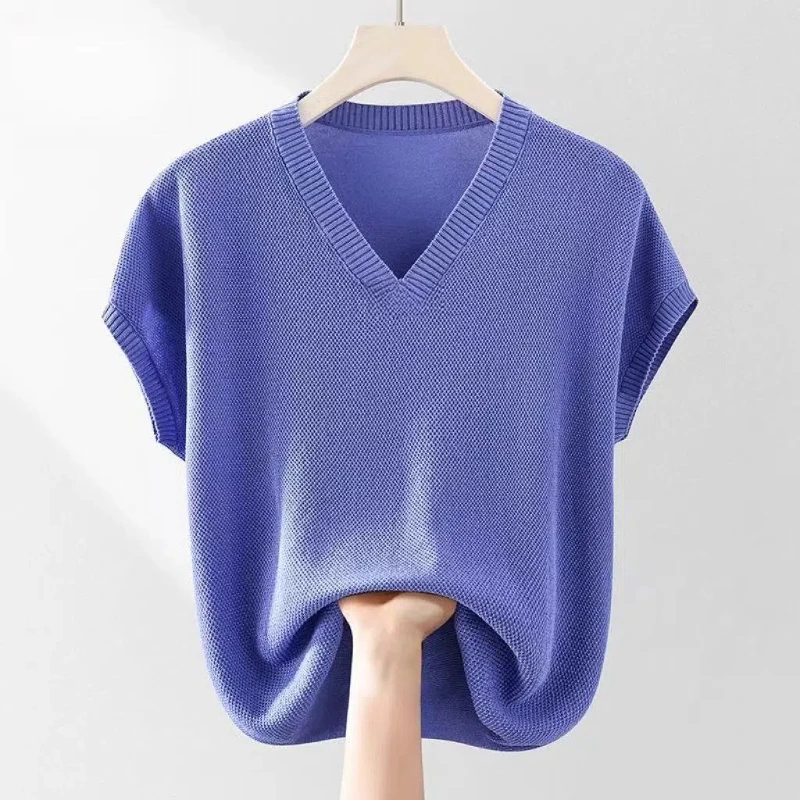 

Korean Fashion Summer New Women's V-Neck Solid Color 3D Ice Silk Fabric Temperament Loose Short Sleeve Knitting T-Shirts Tops