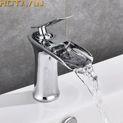 Chrome Bathroom Faucet Waterfall Basin Sink Mixer Tap Solid Brass  Hot and cold Copper Faucet Tap With Water Inlet Pipe Torneira