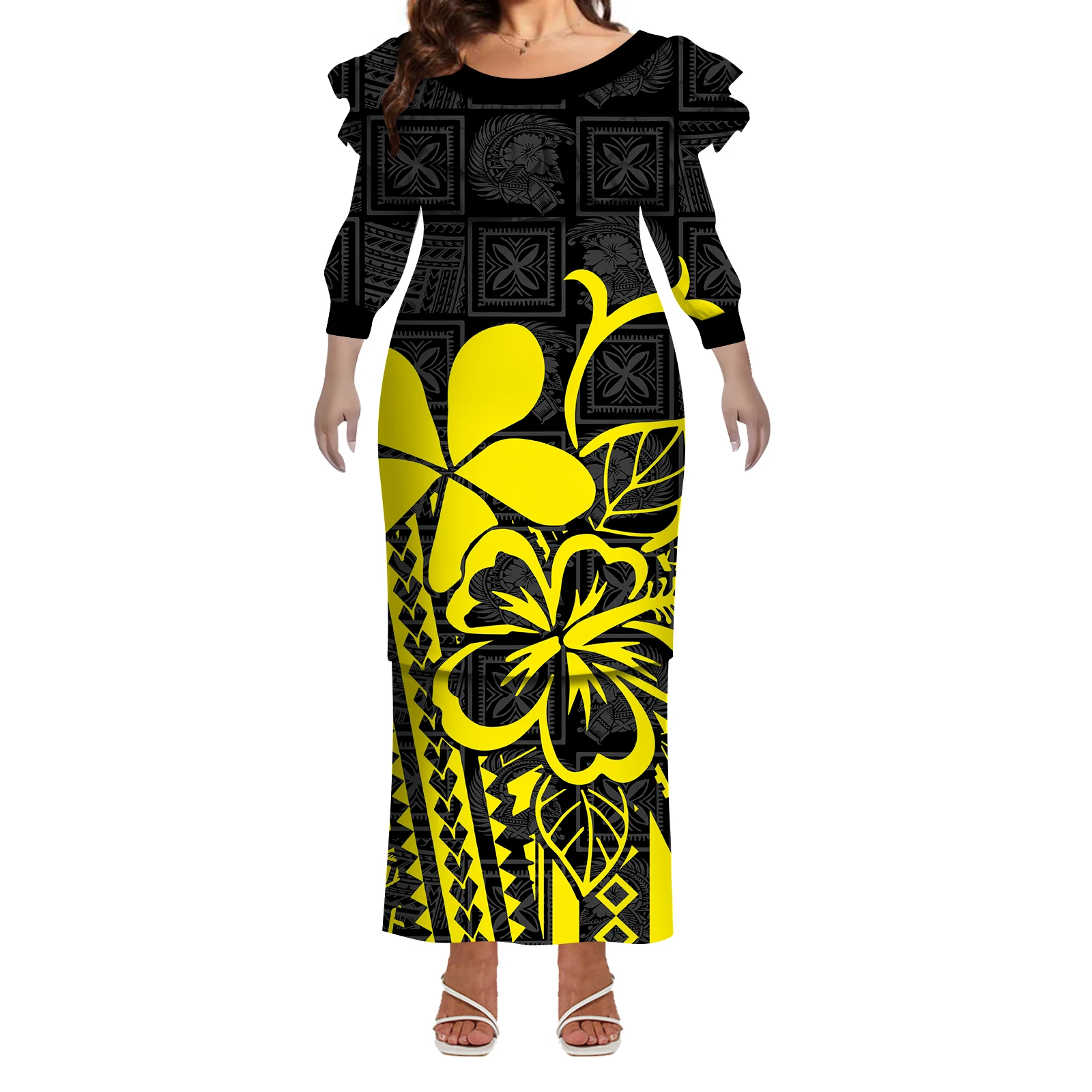 فستان نسائي بولينيزي مكشكش متوسط الأكمام بطبقة مزدوجة مصنوع حسب الطلب من Puletasi فستان مريح وتنحيف