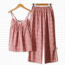 Spring / Summer Floral Sexy Sweet Suspenders Pants Pajamas with Chest Pads Home Clothes COTTON Lace Loungewear Women's Suit