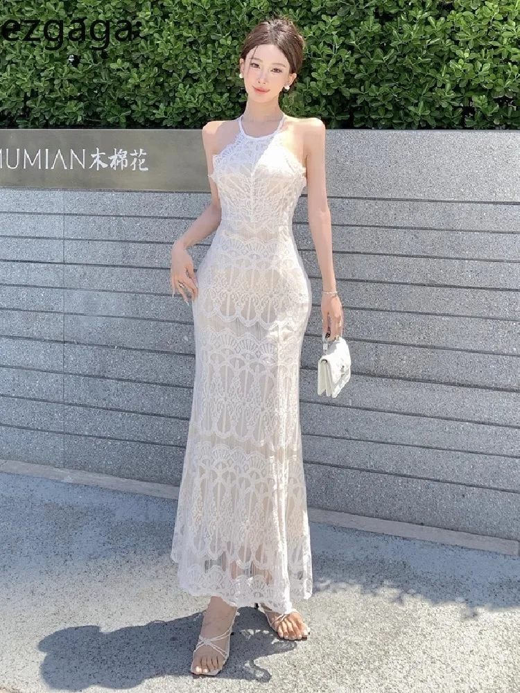

Ezgaga Vintage Sexy Dresses Women Lace Patchwork Criss Cross Bandage Backless Slim Elegant Party Dress Female Temperament