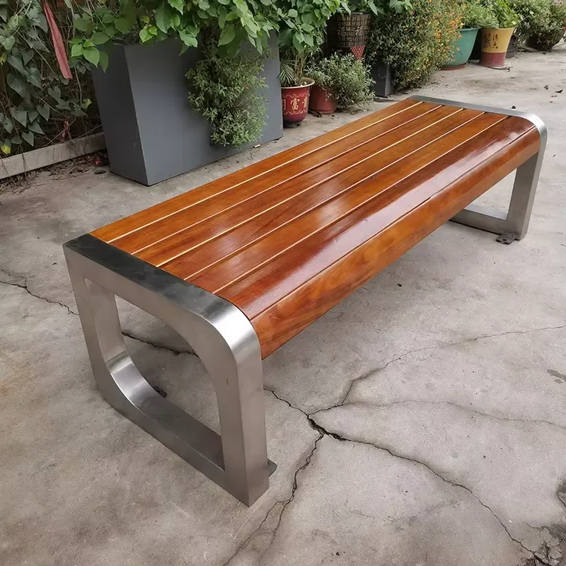 Outdoor Stainless Steel Bench Wood Seat Terrace Dining Chair Park Camping Furniture Durable Stand for Garden Patio Resting