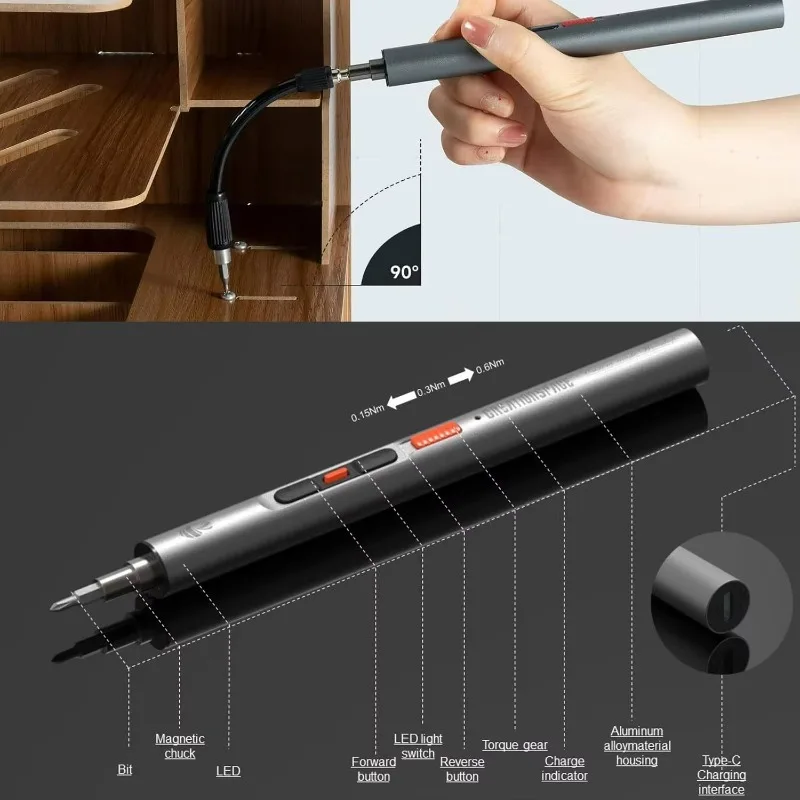 CS0702A Mini juego de destornilladores eléctricos de 3,6 V, destornillador multifuncional con perforación eléctrica, motor de alto par de 0,15-0,6 N.m