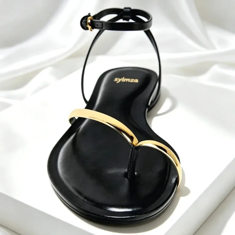Black Ankle Strap Buckle Clip Design Flat Sandals Women Fashion Metallic Embellished Designer Shoes Comfort Beach Casual Shoes