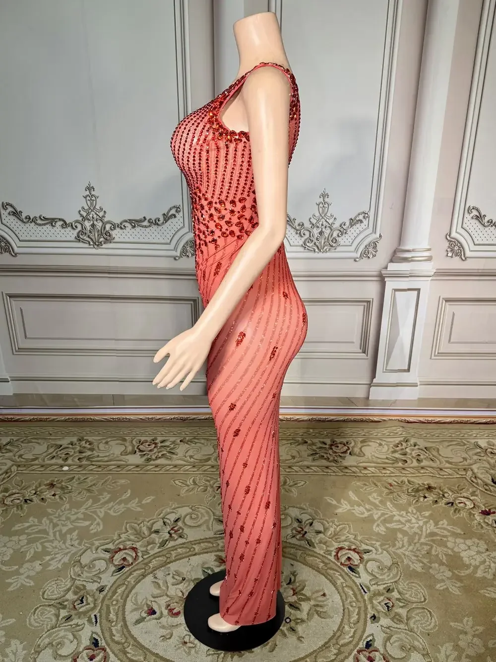 Rotterdam-Robe Longue Rouge Kly avec Strass pour Femme, Robe Transparente en Fibre de Maille, Tenue de Soirée et d'Anniversaire, Séance Photo