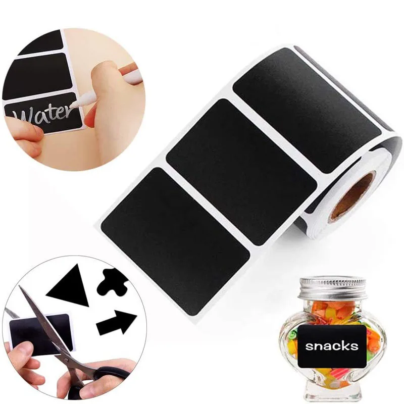 120pcs/roll  Adhesive Black Chalkboard Labels Label Sticker Roll with White Chalk Marker Reusable and Waterproof Chalk Labels