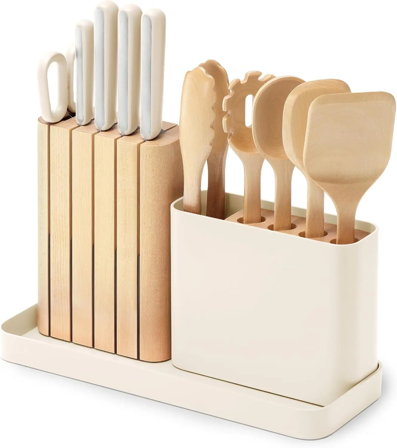 

Coriander 14-piece Kitchen Preparation Set - Kitchen Knife Set and Wooden Utensils Set - Made from high-quality German steel blades and certified birch - Non-toxic materials - Includes storage box - Cream