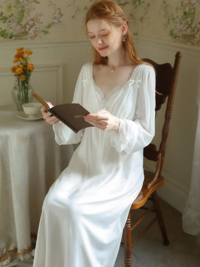 Sleeping Skirt Long Sleeve Lace Court Cotton Nightgown Elegant Romantic Bride Nightgowns Robe Outer Robe Homewear Set Dress