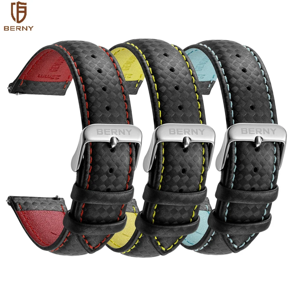 BERNY Genuine Leather Bracelet Carbon Fiber Grain Watchband 20/22mm Watch Bands Quick release watch strap Carbon Fiber Pattern