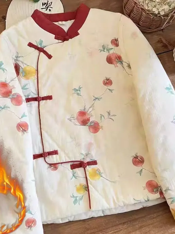 

Новое китайское хлопковое джетовое пальто больших размеров с боковыми пуговицами, повседневная свободная верхняя одежда с принтом, пальто