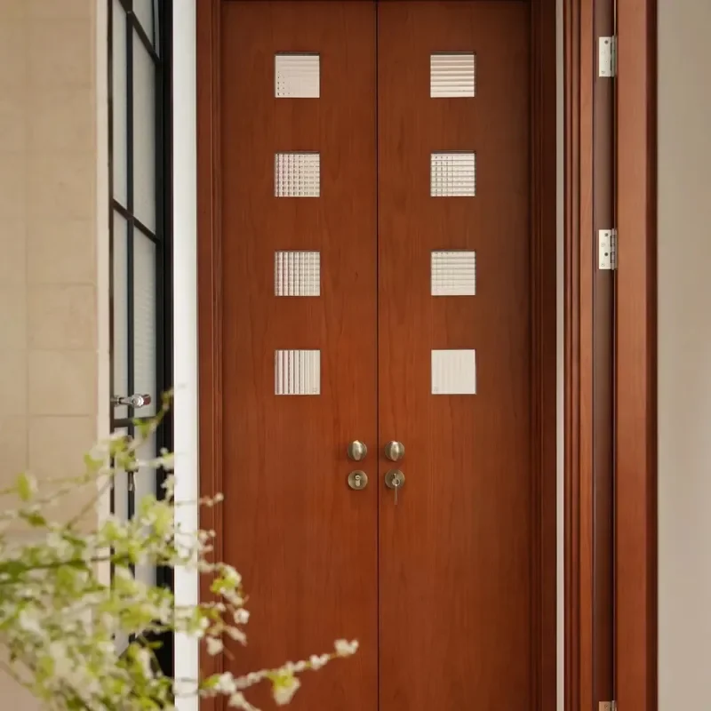 for Medieval Log Color Double Open Glass Door Solid Wood Painted Interior Door for Kitchen Bathroom Bedroom Room Opposite