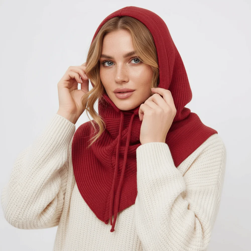 Cute Solid Color Balaclava Hat Thickened Warm Knitted Hooded Cap Scarf Neck Collar Winter Cap Streetwear