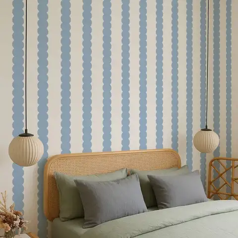 Blå abstrakta bubbellinjer, avtagbar tapet, pilgrimsmusslad randig blå modern väggmålning, traditionella avklistringspapper 8 best sales blå tapet - №3