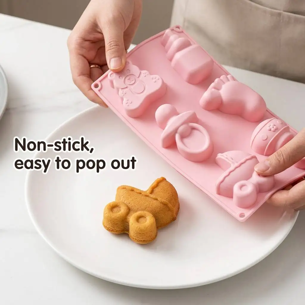 Baby Shower Party Silicone Mold 6 Cavity Non‑Stick Mould Bear Pacifier Footprint Baby Carriage For Handmade Soap Chocolate Jelly