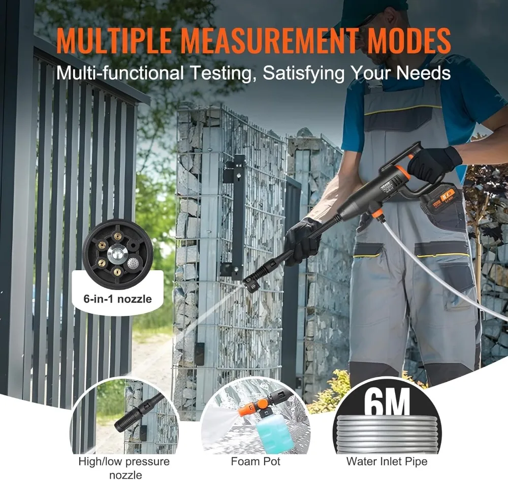 เครื่องฉีดน้ำแรงดันสูงไร้สาย, เครื่องทำความสะอาดแบบพกพาพร้อมแบตเตอรี่ 4.0Ah, หัวฉีด 6-in-1 สำหรับทำความสะอาดบ้านและรถยนต์