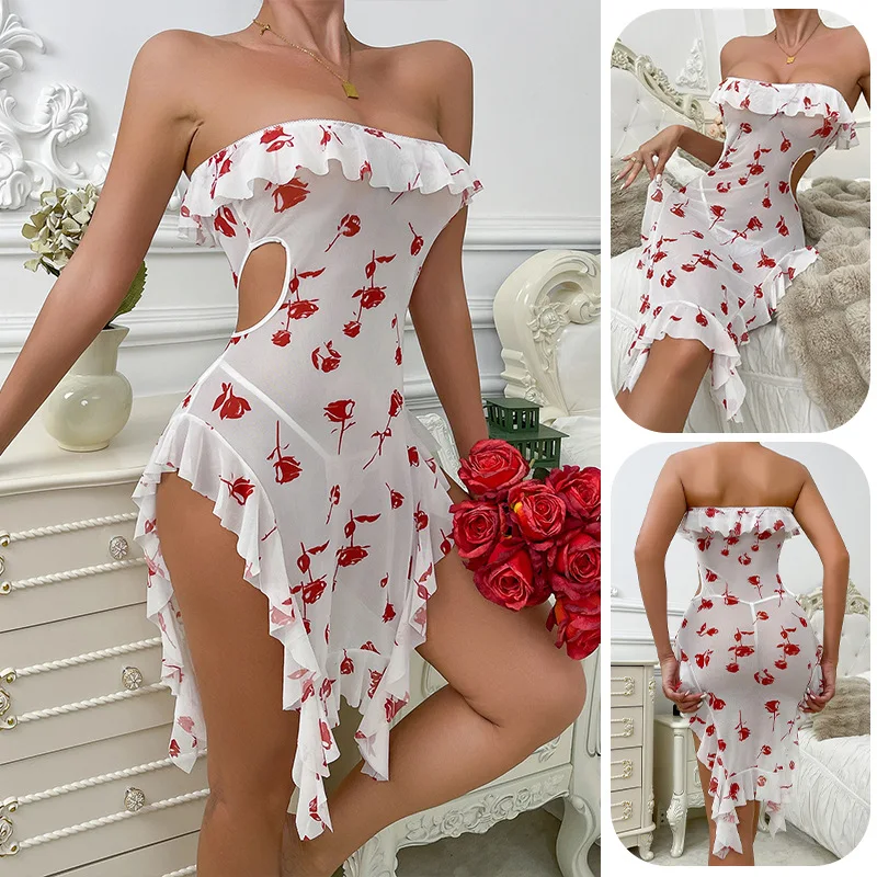 

Rose Print Strapless Mesh Nightgown with Lotus Leaf Edge Hollow Out Sexy Dress
