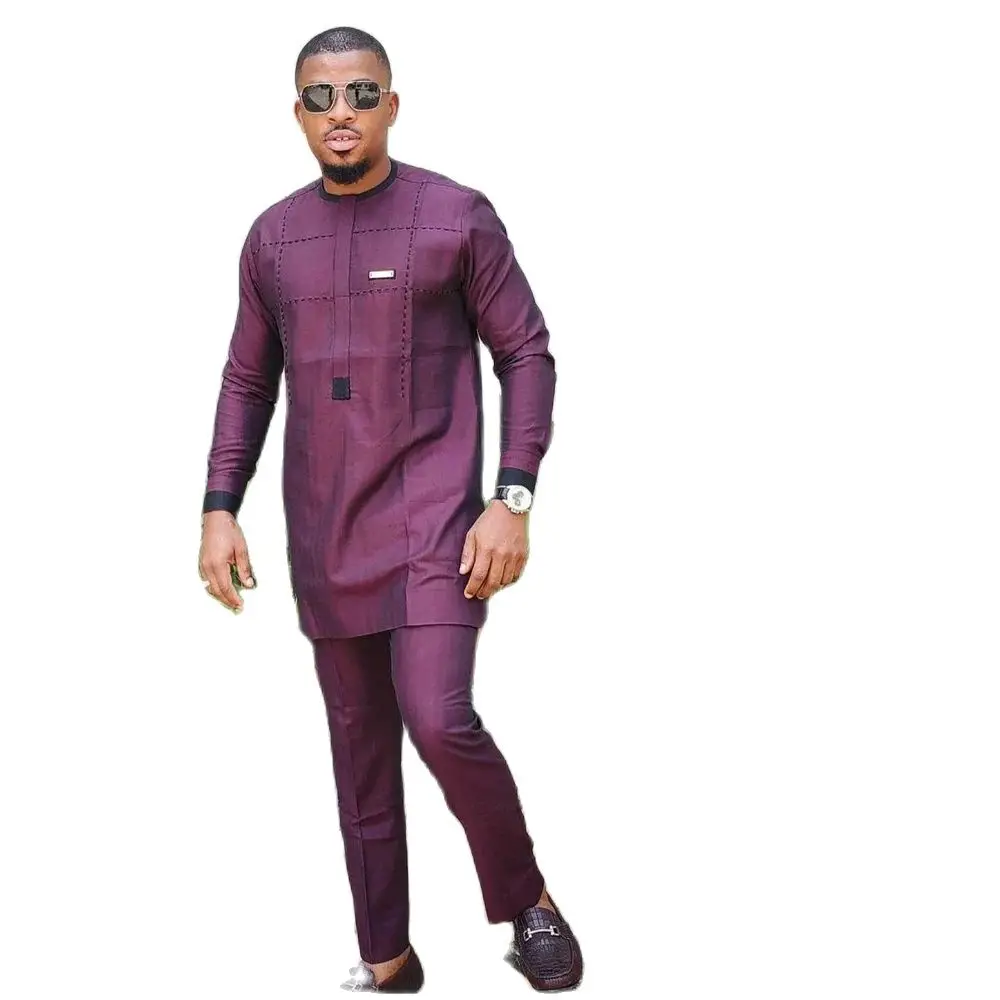 2023 New Dashiki Kaftan African Men Suit 2 Piece Long Sleeve Solid Color Geometric Shirt and Pants Suit Men Wedding Wear