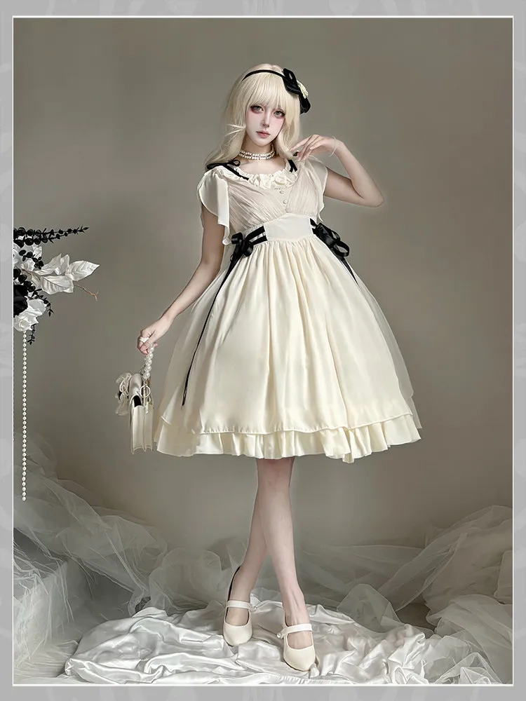 

Original Lolita Girl Moonlight Sonata Elegant Lolita Dress Women's Summer Lightweight Tulle Skirt With Black Bow Accents