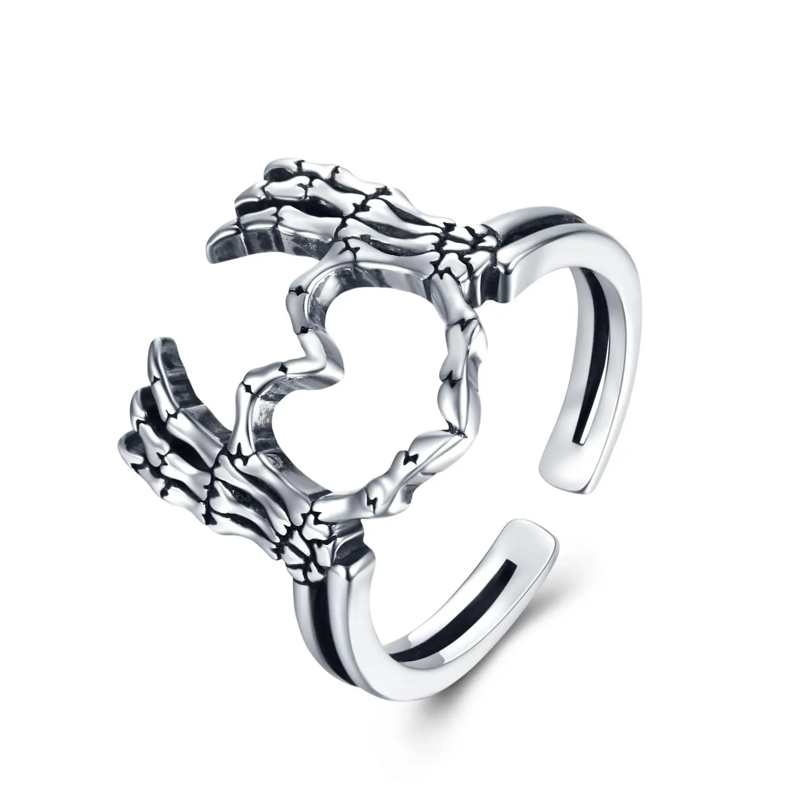 Europe  America Retro Silver Color Skeletal Hand Heart Shaped Gesture Ring UNISEX Halloween Joyful Atmosphere Hip Hop Party Ring