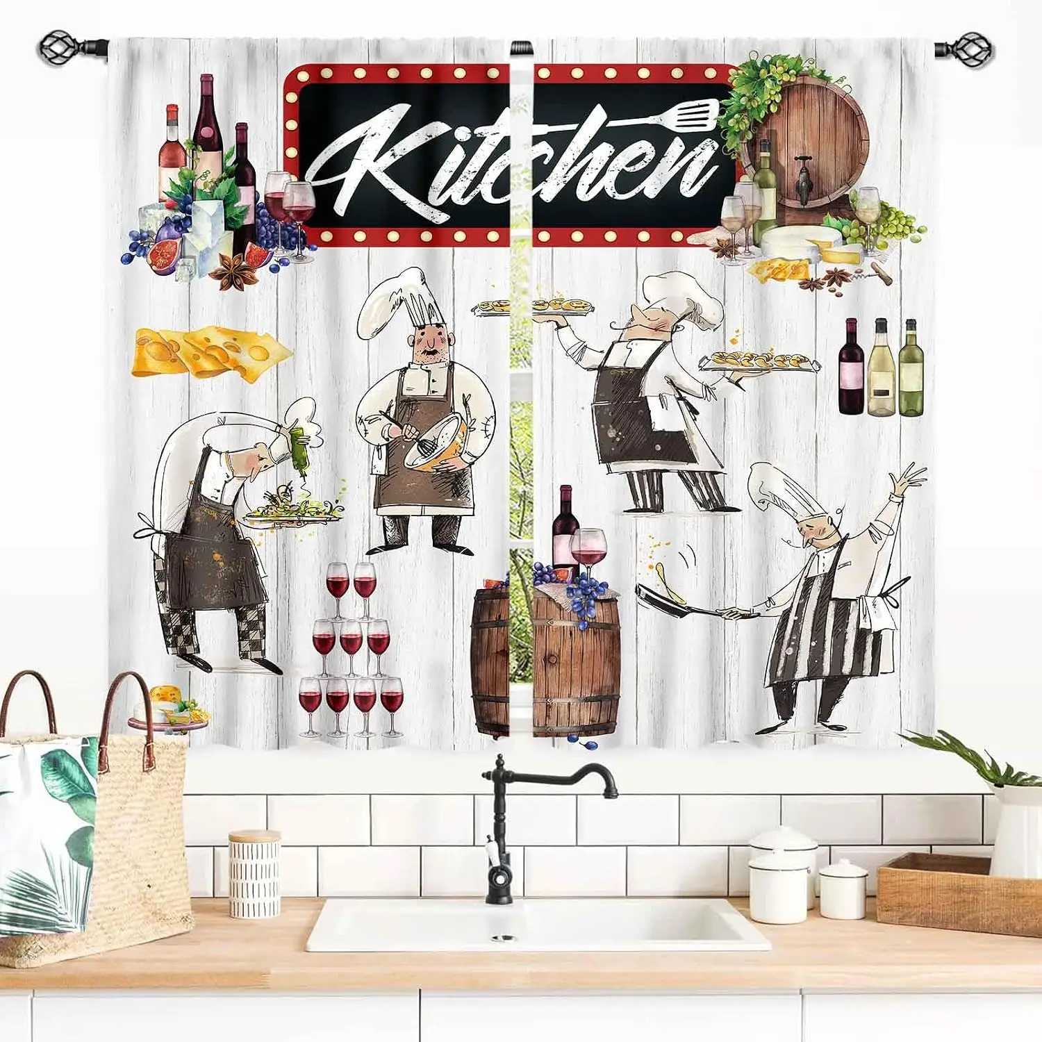 Cartoon Chef Wine Kitchen Curtains, White Wood Plank Cheese Grape Barrel Print Window Drapes for Farmhouse Kitchen Cafe Decor