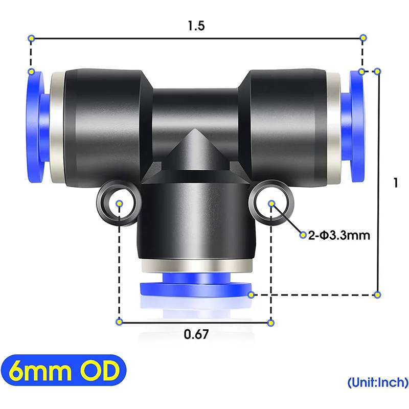 PE-8MM Union Tee Push to Connect Air Pipe Fittings Quick Connect/Release Pneumatic Connector PEG6-4 Air Compressor Fittings PE-6