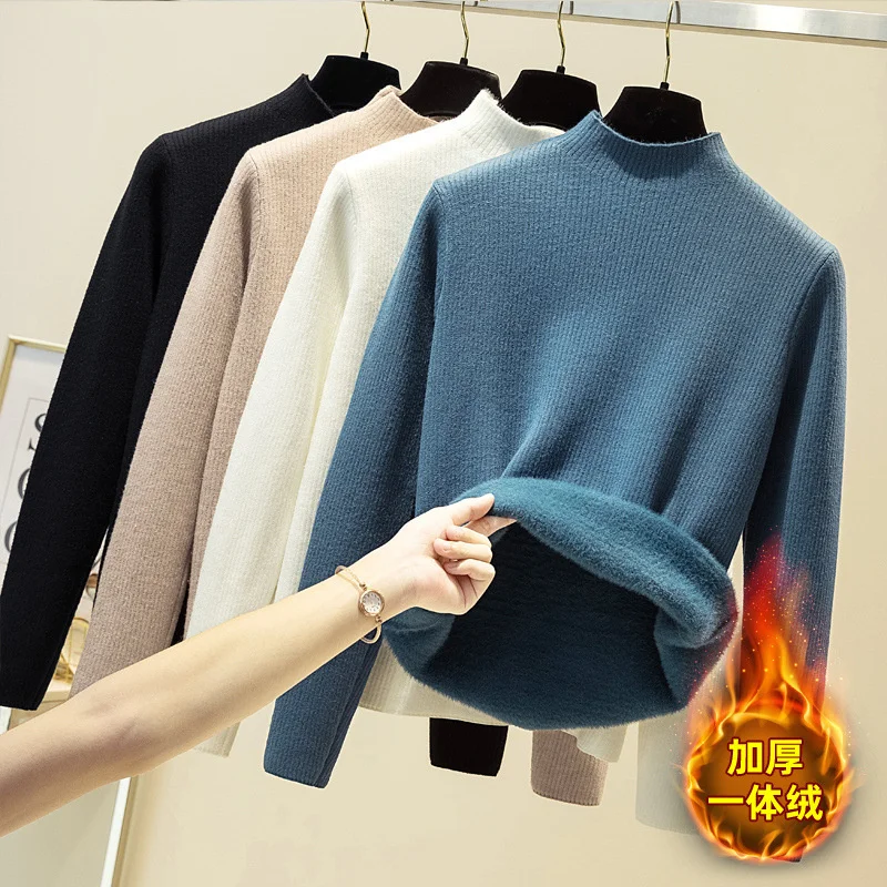 

Women Half Turtleneck Sweater Add Velvet Thick Knitted Bottoming Shirt Long-Sleeved Autumn Winter Warm Knit Sweater Female Tops