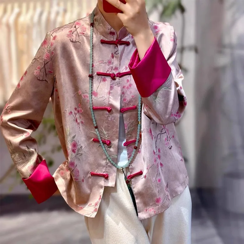 Luz de luxo jacquard topo dia das mulheres novo vento nacional gola disco casaco solto