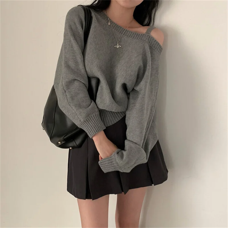 

Kimotimo Early Autumn Irregular Off Shoulder Sweater Women Long Sleeve Simple Solid Pullover Korean Chic Gentle Casual Knit Tops