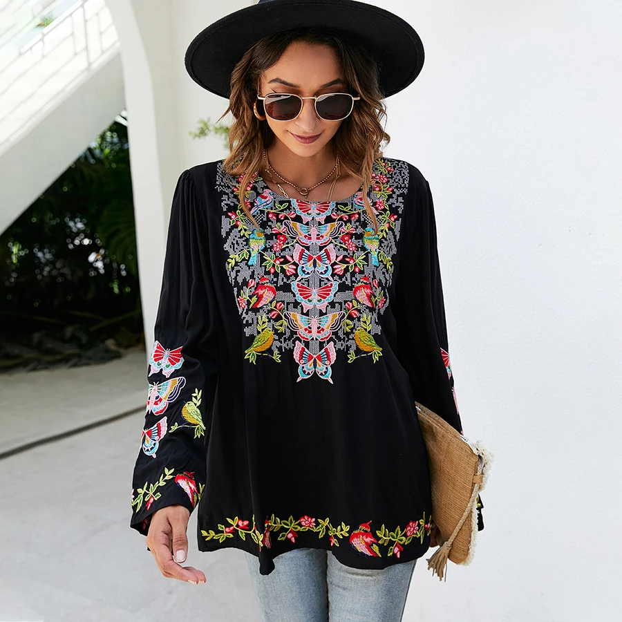 KHALEE YOSE Boho Embroidery Blouses Shirt Spring Autumn Women Mexican Shirt Vintage Long Sleeve 23xl Black Casual Ethnic Top