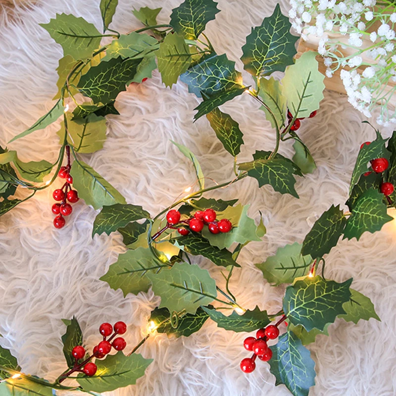 

LED Christmas Flowers Wreath String Lights Artificial Fake Leaves Red Berry Garland Rattan Lighting Strings For Home Party Decor