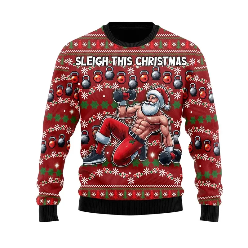 Fitness Ugly Christmas Sweatshirt For Men Gym Powerlifting Dumbbell Graphic Pullovers 3D Printed Muscle Santa Claus Xmas Hoodie