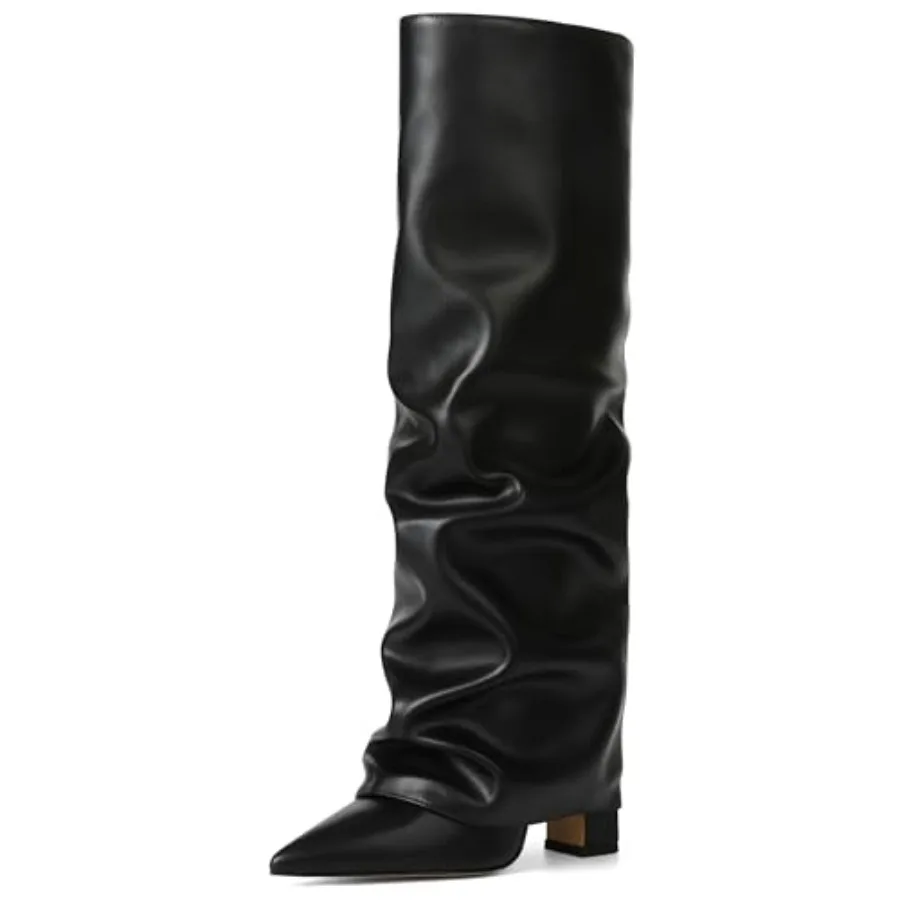 

SaraIris Women's Slouchy Knee High Boots - Black, Pointed Toe, Fold Over, Chunky, Shark Boots