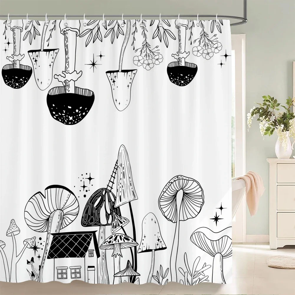 

1 шт., черно-белая простая художественная занавеска для душа с крючками-современный дизайн с абстрактными растениями, шикарное украшение для ванной комнаты