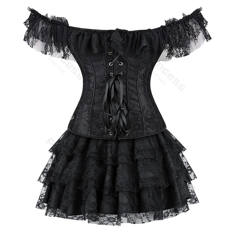 Vestido de corsé con tutú, conjunto de talla grande, Overbust con mangas de encaje, traje Sexy de fiesta, Burlesque, traje Vintage negro y rojo
