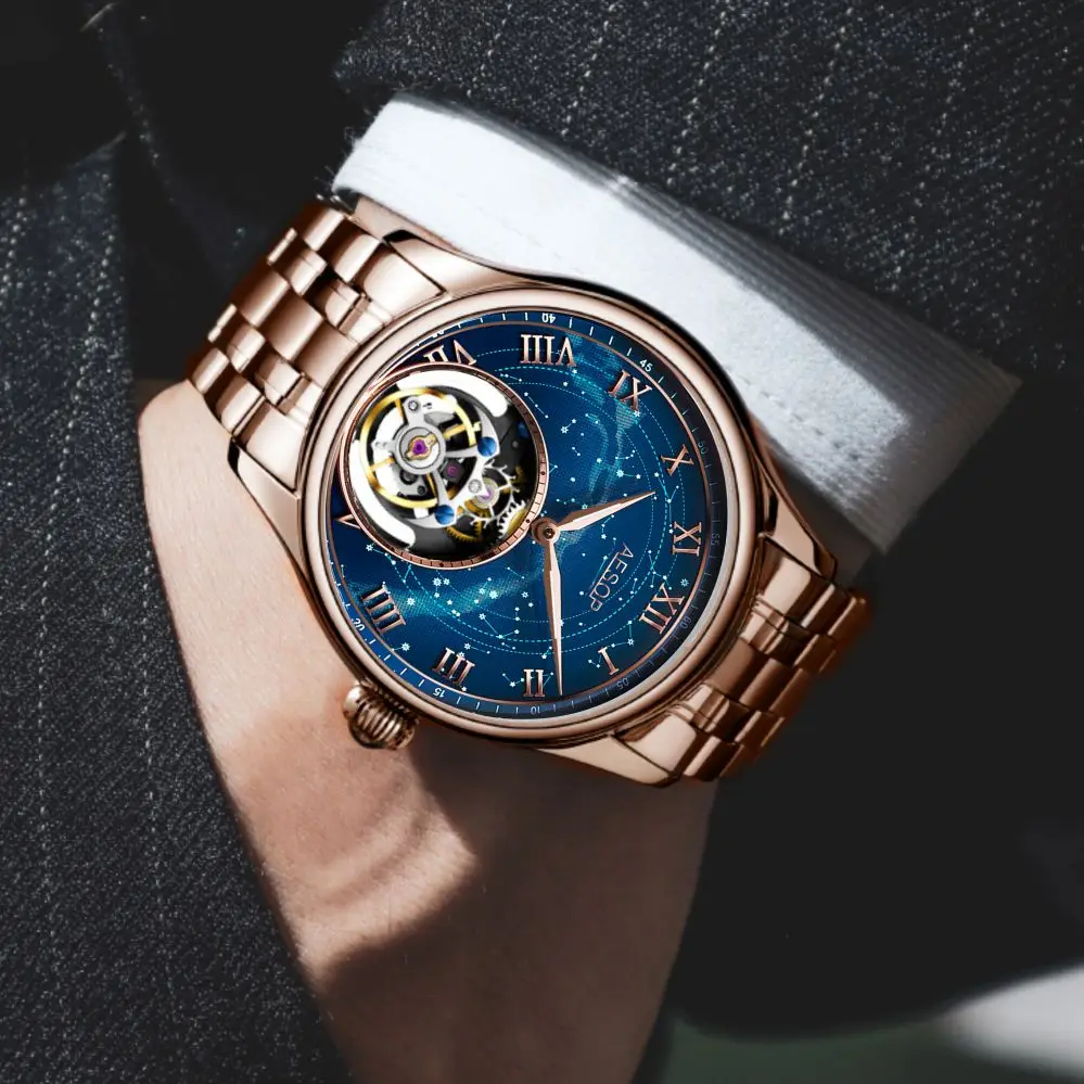 AESOP（manual 7045G） Tourbillon Mechanical Watch Men 42mm Starry Sky Dial Sapphire Crystal Leather Strap 55H Power Reserve