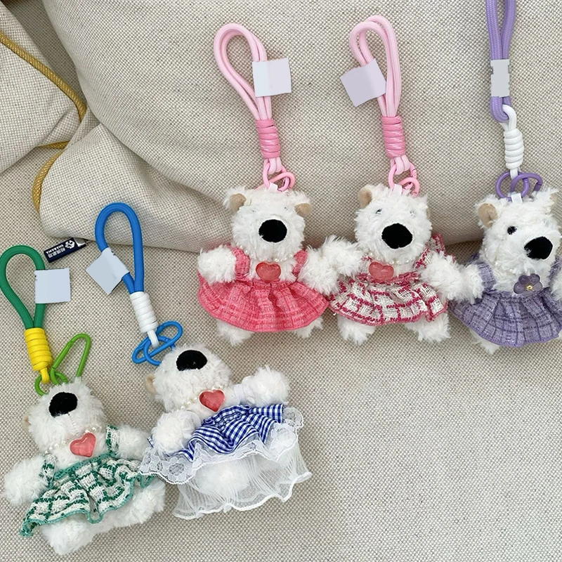 Lindo juguete de peluche de cachorro de falda dulce, muñeco de peluche de dibujos animados, llavero de perro pequeño de peluche Kawaii, llavero de mosquetón, decoración colgante de mochila