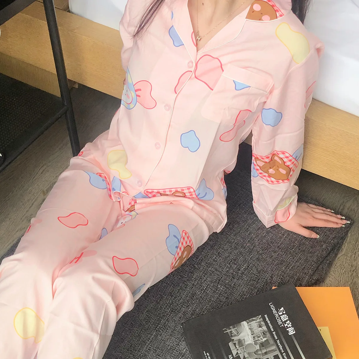 Spring New Cute Pink Love Bunny Bear V-Neck Long-Sleeved Trousers Thin Ladies Pajamas Set