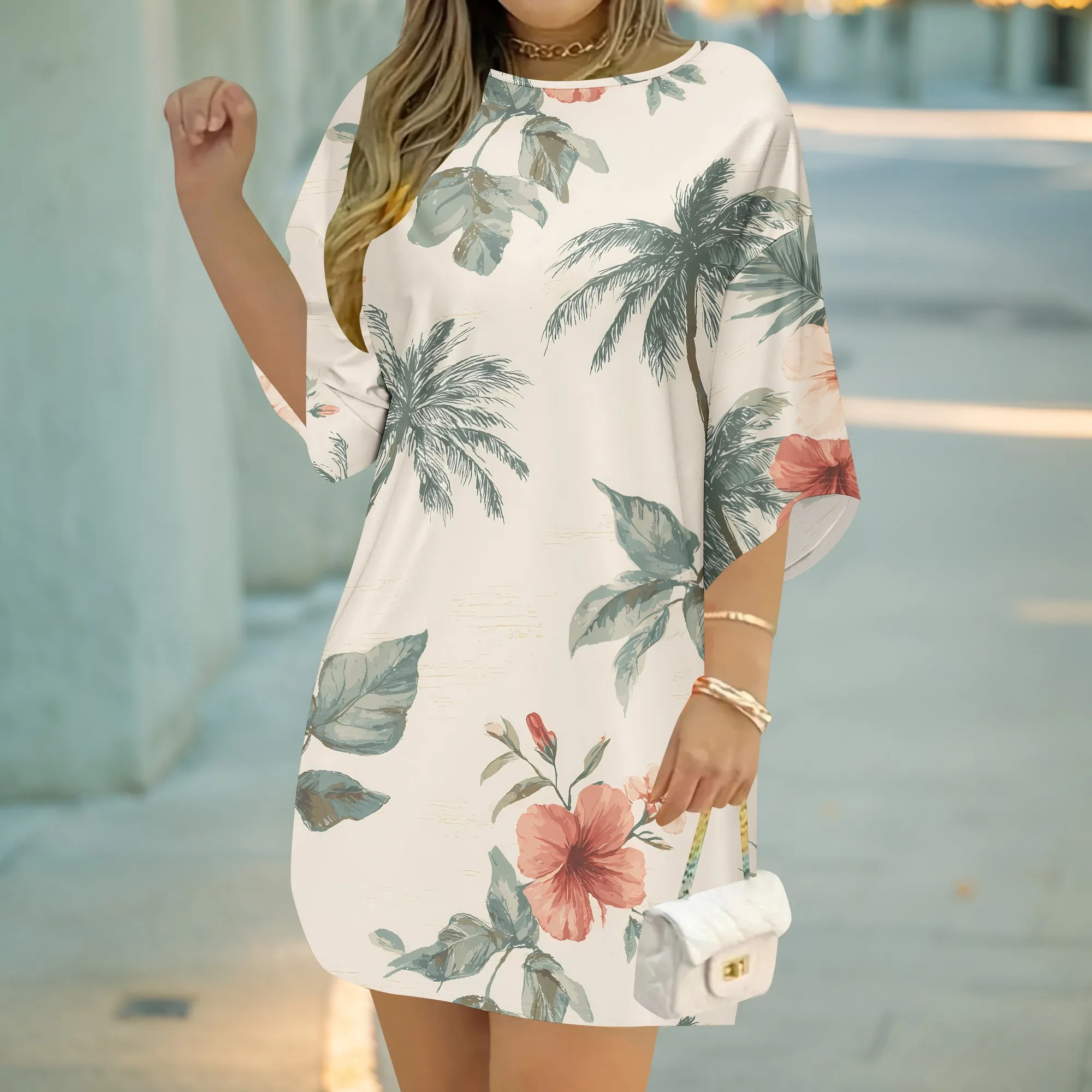 Tropical Print Dress, Palm Tree Pattern Top, Floral Short Sleeve Shift, Summer Beach Vacation Wear, S-2XL
