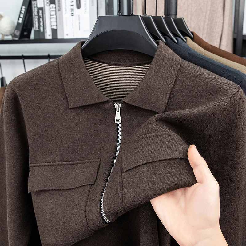 الرجال الفاخرة سترة مشغولة من الصوف طويلة الأكمام التلبيب سميكة سستة جيب مزدوج بلون الخريف الشتاء موضة الرجال عادية #5